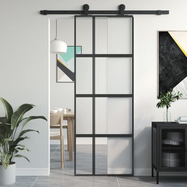 Skjutdörr svart 76x205 cm härdat glas och aluminium