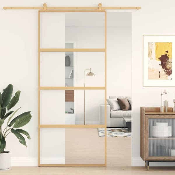 Skjutdörr guld 90x205 cm klart ESG-glas och aluminium