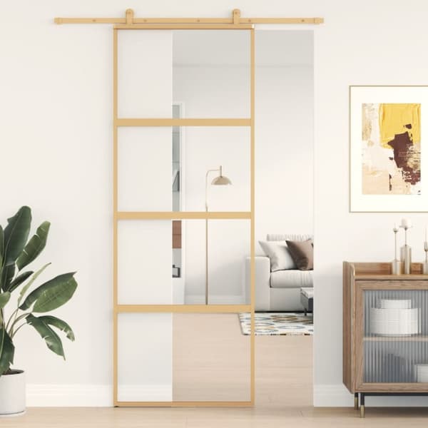 Skjutdörr guld 76x205 cm klart ESG-glas och aluminium