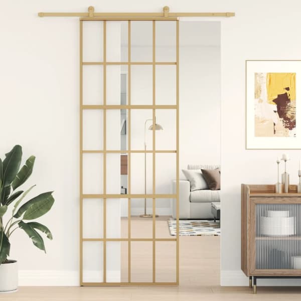 Skjutdörr guld 76x205 cm klart ESG-glas och aluminium