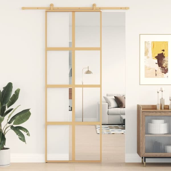 Skjutdörr guld 76x205 cm klart ESG-glas och aluminium
