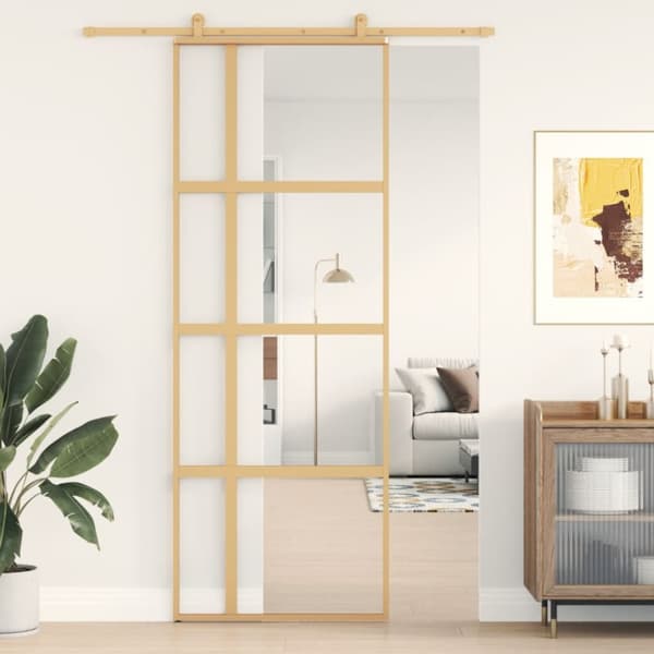 Skjutdörr guld 76x205 cm klart ESG-glas och aluminium