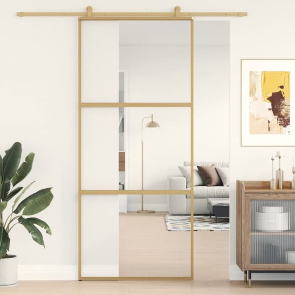 Skjutdörr guld 90x205 cm klart ESG-glas och aluminium