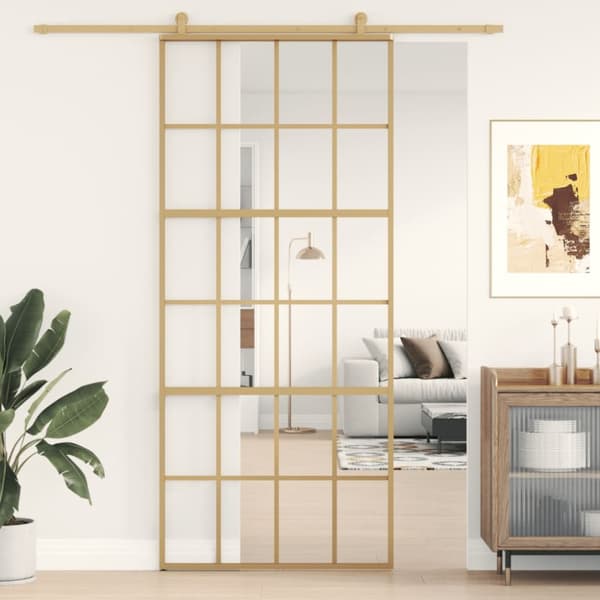 Skjutdörr guld 90x205 cm klart ESG-glas och aluminium