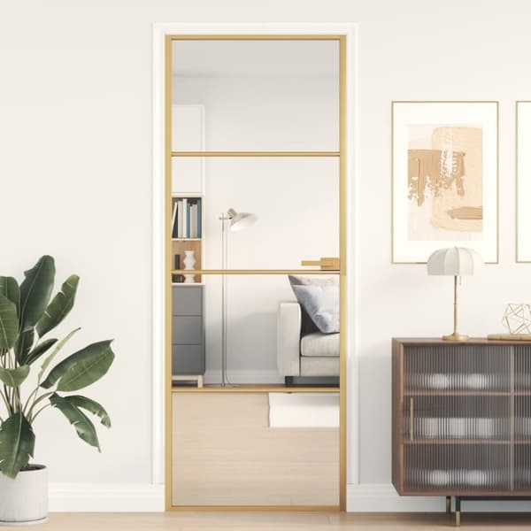 Innerdörr guld 76x201,5 cm härdat glas och aluminium slim