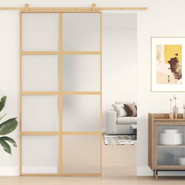Skjutdörr guld 102,5x205 cm frostat ESG-glas och aluminium
