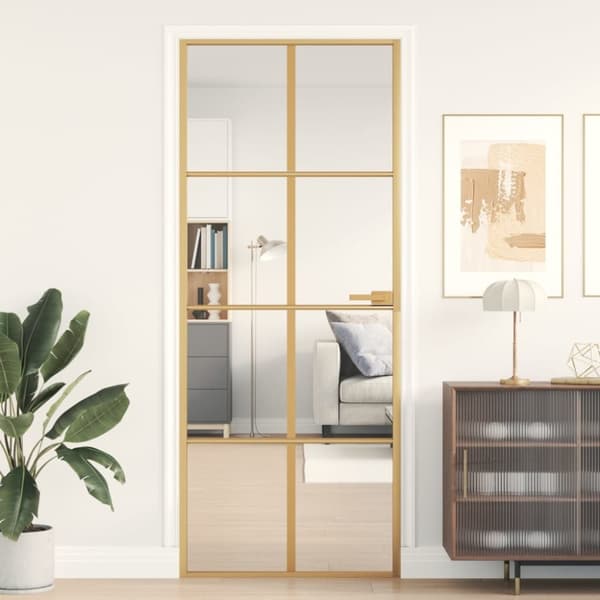 Innerdörr guld 83x201,5 cm härdat glas och aluminium slim