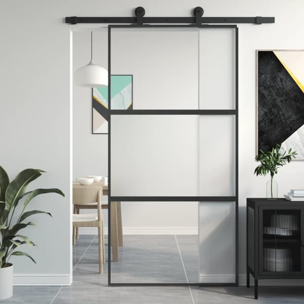 Skjutdörr svart 102,5x205 cm härdat glas och aluminium