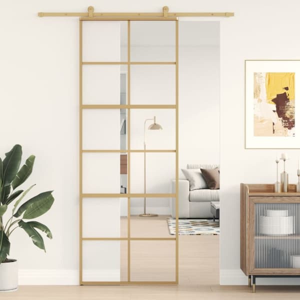Skjutdörr guld 76x205 cm klart ESG-glas och aluminium