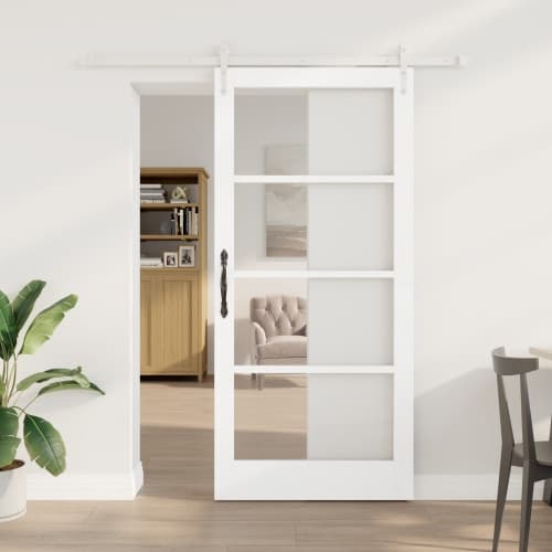Skjutdörr med Tillbehör Set Vit 93x202 cm Massivt Trä Furu, vidaXL Inredningsdörr med Glas 'ORKDAL'Vit 93x202x4 cm