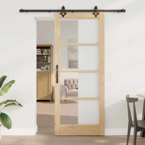 Skjutdörr med hårdvaruset 'ORKDAL'i massivt trä och glas
