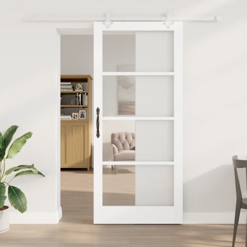 Skjutdörr med hardware-set Vit 93x211 cm Massiv furu, vidaXL Inredningsdörr med glas 'ORKDAL'Vit 93x211x4 cm