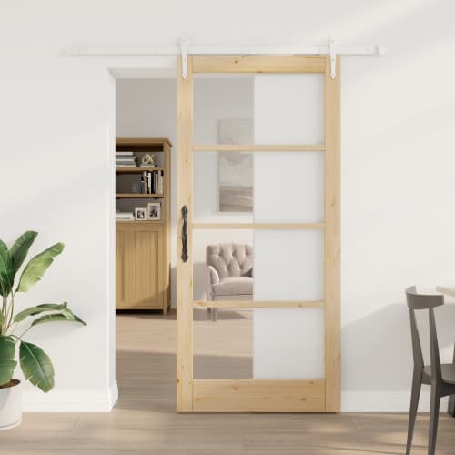 Skjutdörr med tillbehör Set 93x202 cm Massivt trä tall, vidaXL Inredningsdörr med Glas 'ORKDAL'93x202x4 cm Massivt trä tall