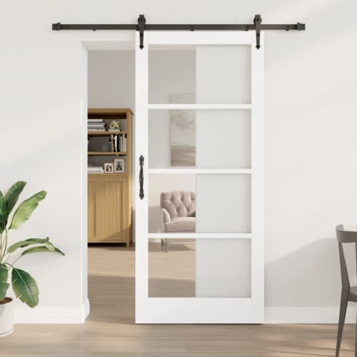 Skjutdörr med tillbehör Set Vit 93x211 cm Massivt trä Furu, vidaXL Inredningsdörr med glas 'ORKDAL'Vit 93x211x4 cm