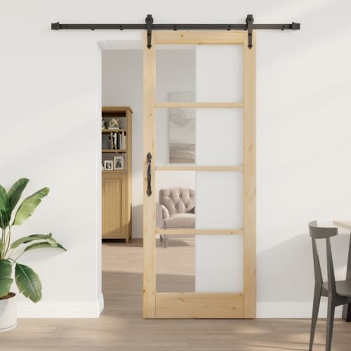 Skjutdörr med beslag set 83x211 cm Massiv trä tall, vidaXL Inredningsdörr med glas 'ORKDAL'83x211x4 cm Massiv trä tall