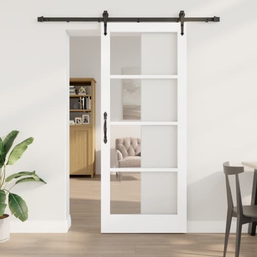 Skjutdörr med hårdvarusett Vit 86x211 cm Massivt trä Furu, vidaXL Inredningsdörr med glas 'ORKDAL'Vit 86x211x4 cm