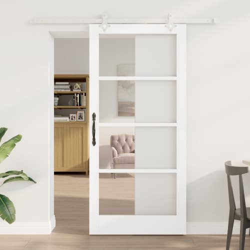 Skjutdörr med Hårdvarusett Vit 93x202 cm Massivt Trä Furu, vidaXL Inredningsdörr med Glas "ORKDAL" Vit 93x202x4 cm