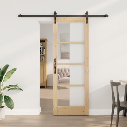 Skjutdörr med beslag set 73.5x198.5 cm massivt trä tall, vidaXL Inre dörr med glas 'ORKDAL'73.5x198.5x4 cm massivt trä tall