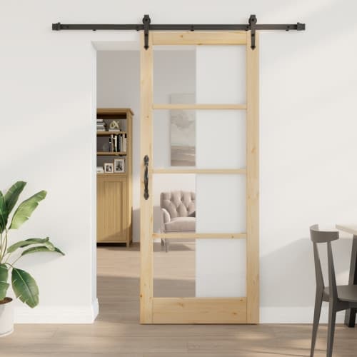 Skjutdörr med Beslag Set 86x211 cm Massivt Trä Furu, vidaXL Inre Dörr med Glas 'ORKDAL'86x211x4 cm Massivt Trä Furu