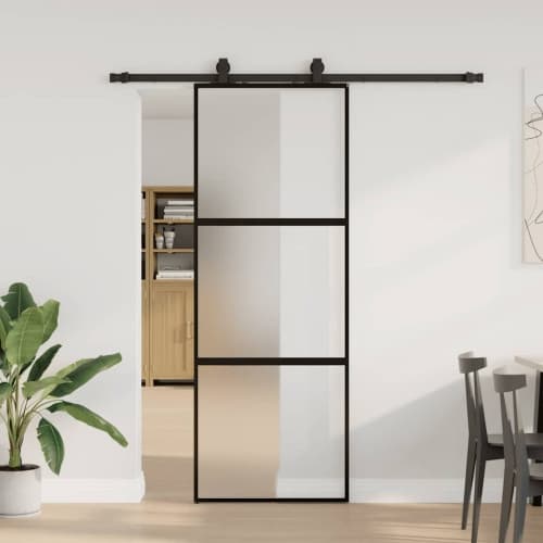 Skjutdörr med beslag svart 76x205 cm härdat glas