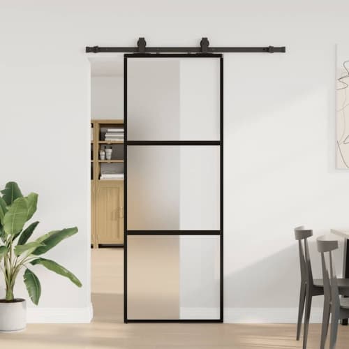 Skjutdörr med beslag svart 76x205 cm härdat glas