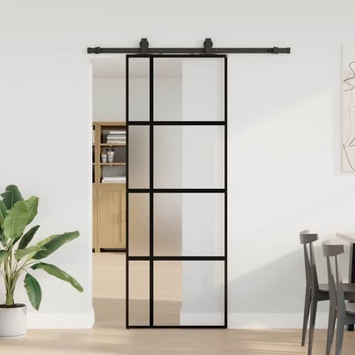 Skjutdörr med beslag svart 76x205 cm härdat glas
