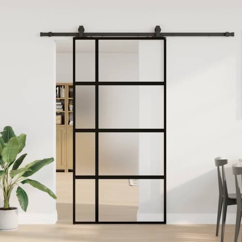 Skjutdörr med beslag svart 102,5x205 cm härdat glas