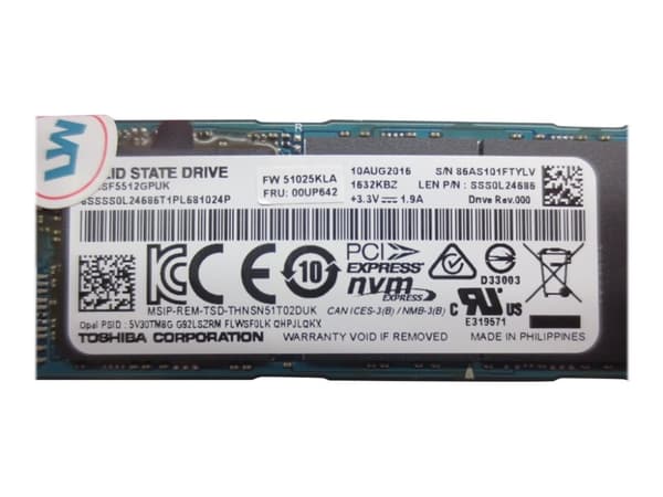 Toshiba - SSD - kryptert - 512 GB - intern - M.2 2280 - PCIe 3.0 x4 (NVMe) - TCG Opal Encryption - FRU, (CRU) - Tier 1 - for ThinkCentre M710; Thinkp