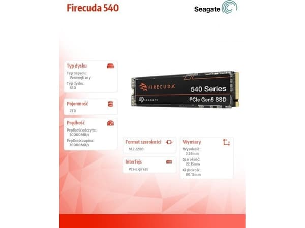 Seagate FireCuda 540 ZP2000GM3A004 - SSD - krypterat - 2 TB - inbyggd - M.2 2280 (dubbelsidig) - PCI Express 5.0 x4 (NVMe) - Self-Encrypting Drive (S
