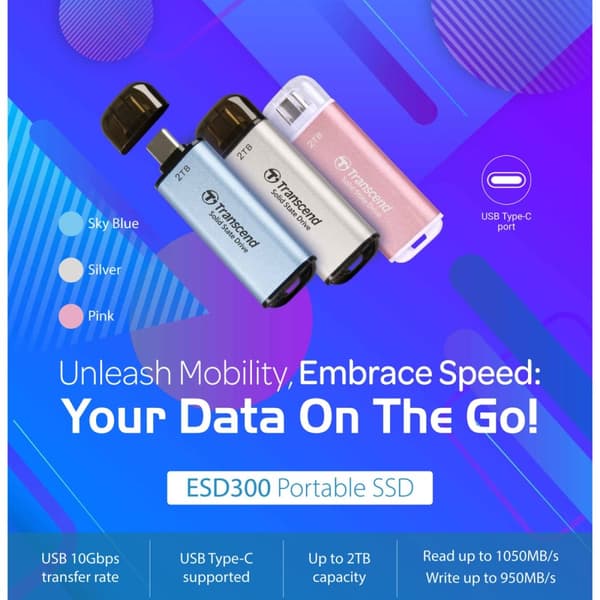 Transcend Portabel Mini SSD ESD300C USB-C 2TB 10Gbps (R1050/W950 Mb/s) Silver