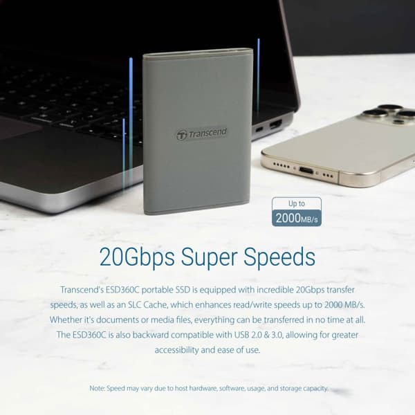 Transcend Portabel SSD ESD360C USB-C 1TB 20Gbps (R2000/W2000 Mb/s)
