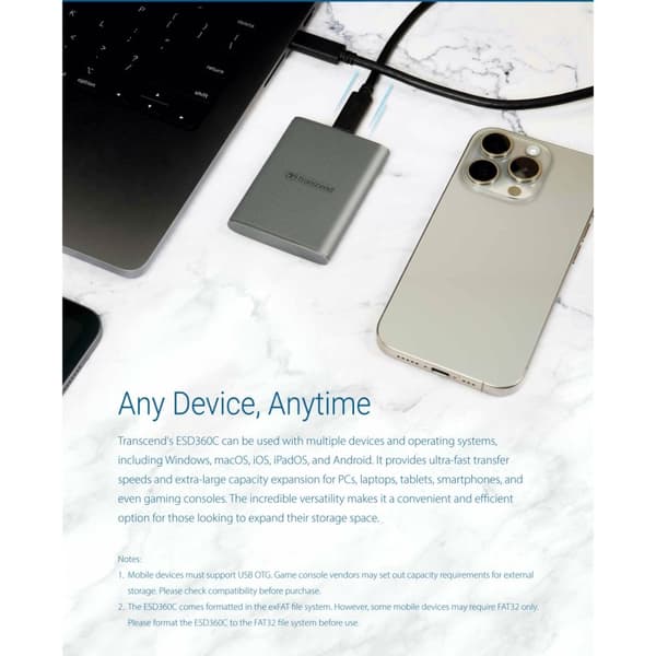 Transcend Portabel SSD ESD360C USB-C 1TB 20Gbps (R2000/W2000 Mb/s)