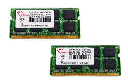 G.Skill 8GB DDR3-1066 SQ, 8 GB, 2 x 4 GB, DDR3, 1066 MHz, 204-pin SO-DIMM