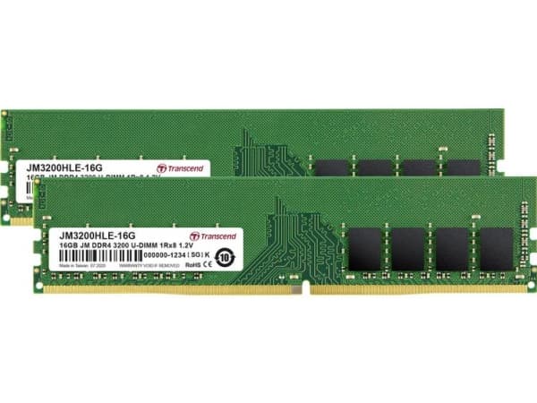 Transcend JetRAM - DDR4 - sett - 32 GB: 2 x 16 GB - DIMM 288-pin - 3200 MHz / PC4-25600 - CL22 - 1.2 V - ikke-bufret - ikke-ECC