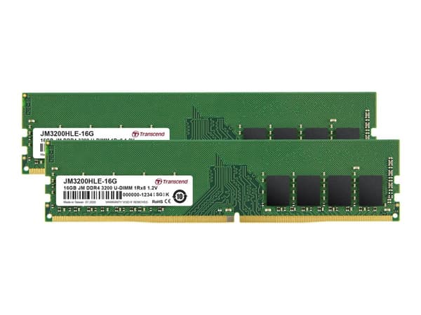Transcend JetRAM - DDR4 - sett - 32 GB: 2 x 16 GB - DIMM 288-pin - 3200 MHz / PC4-25600 - CL22 - 1.2 V - ikke-bufret - ikke-ECC