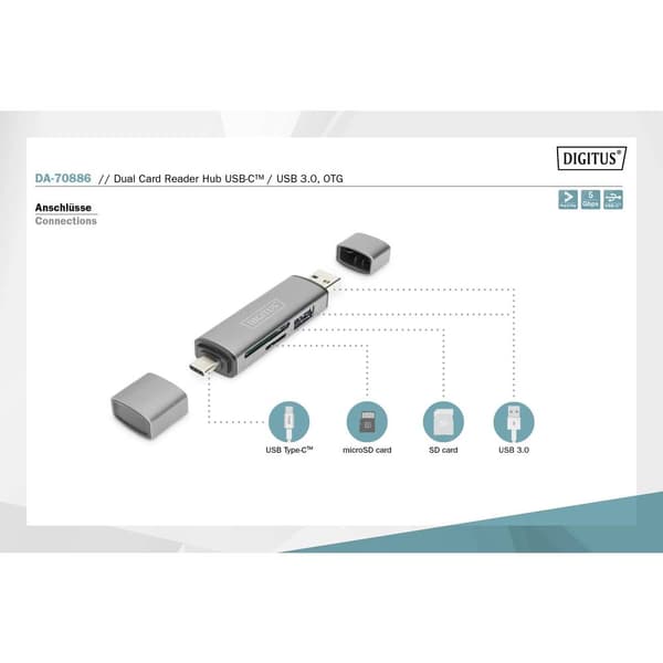 Digitus DA-70886 Extern minneskortläsare/hub USB 3.0, USB-A, USB-C® Grå
