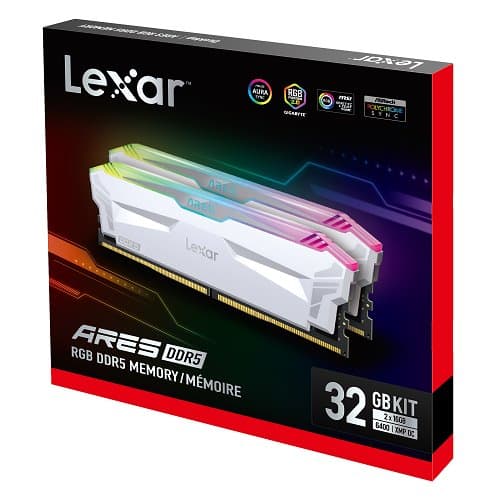 Lexar Ares DDR5 (2X16GB) 6400 CL32 1.4V Memory with heatsink and RGB lighting,Dual pack, White Color