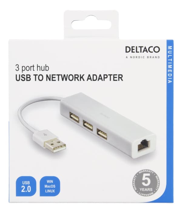 USB 2.0 network adapter with USB hub, 100Mbps, 3xUSB, white