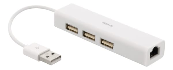 USB 2.0 network adapter with USB hub, 100Mbps, 3xUSB, white