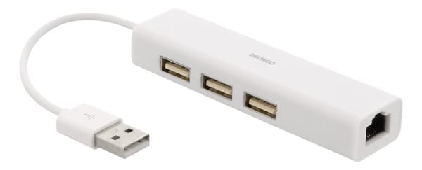 USB 2.0 network adapter with USB hub, 100Mbps, 3xUSB, white
