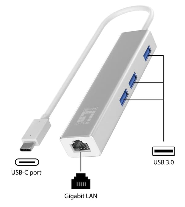 LevelOne Adapter USB-C -> RJ45 10/100/1000.3xUSB3.0 0.15m si (USB-0504NY VERSION)