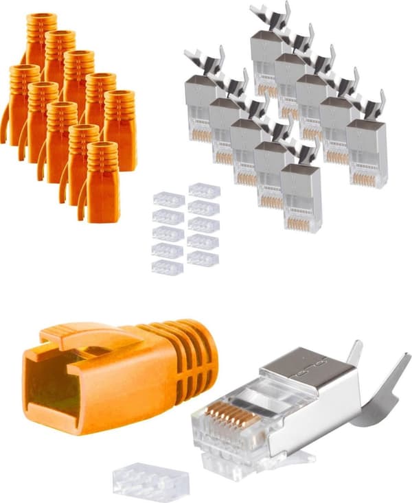 shiverpeaks ®-BASIC-S--Netværksmodulstik RJ45 SET til installationskabler op til AWG 23, stik med trækaflastning, indføringshjælp og gennemføring, ora