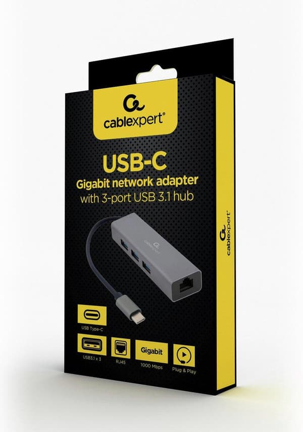 Gembird USB typ-C Gigabit nätverksadapter med inbyggd USB 3.1-hubb