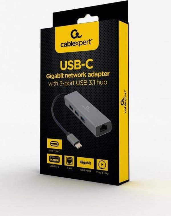 Gembird USB typ-C Gigabit nätverksadapter med inbyggd USB 3.1-hubb