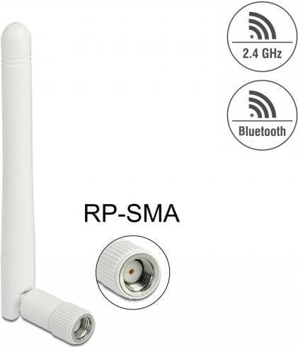 Delock WLAN 802.11 b/g/n antenne RP-SMA stik 2 dBi rundstrålende med vippeled hvid (12006)