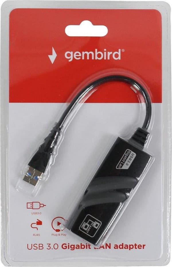 Gembird USB-A till RJ45 Gigabit Ethernet LAN-adapter - USB3.0 - CAT6 / Svart - 0,10 meter