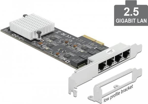 DeLOCK - Nätverksadapter - PCIe 2.1 x4 - 10M/100M/1G/2.5 Gigabit Ethernet x 4 (89192) Svart, Metallisk