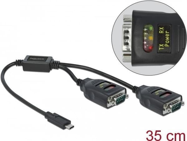 Delock Adapter USB Type-C til 2 x seriel RS-232 DB9 med 15 kV ESD-beskyttelse - Seriel adapter - USB-C - RS-232 x 2