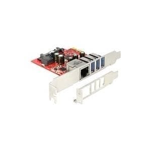 DeLock PCI Express-kort > 3 x ekstern USB3.0 + 1 x ekstern Gigabit LAN - Netværks-/USB-adapter - PCIe - USB3.0 x 3 + 1000Base-T (89382) Grå, Rød