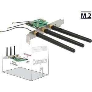 DeLOCK PCI Express-kort > 1 x intern M.2 Key A-slot med 3 eksterne antenner - Intern busforlænger (89568)